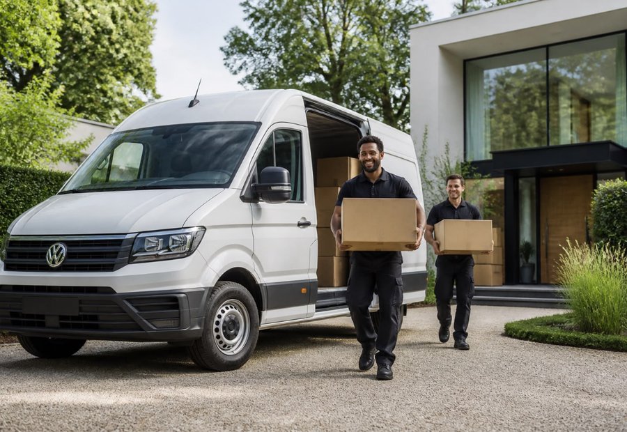 Verhuizers van WA Transport dragen dozen naar binnen bij een verhuizing